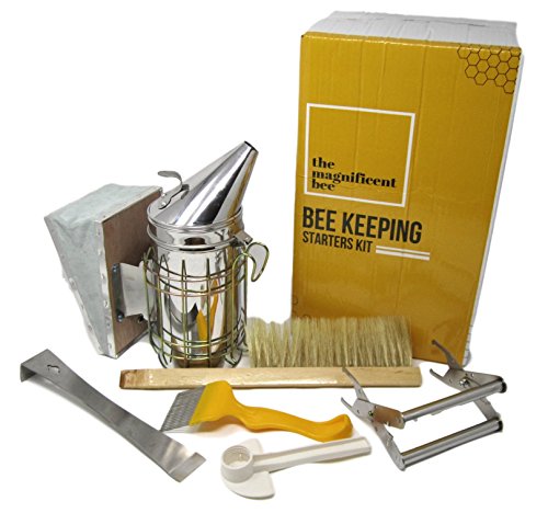 Premium Beekeeping Supplies Starters Kit | 6 Piece Tool Set | Includes Bee Hive Smoker, Uncapping Fork Tool, Bee Brush, Frame Grip, Extracting Scraper, Bee Feeder Tool