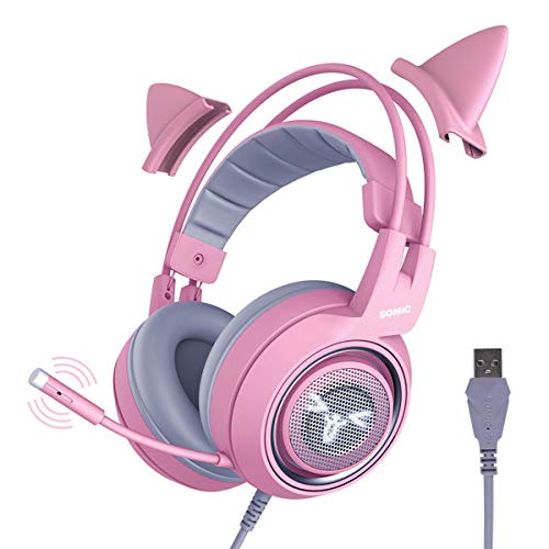 Book Cover SOMIC Pink Cat Gaming Headset with Virtual 7.1 and LED Light, Surround Sound, Headset with Noise Cancelling Mic for Computer, PS4, Laptop to Girls, Woman (USB Plug)