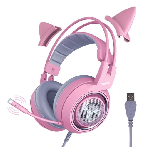 SOMIC Pink Cat Gaming Headset with Virtual 7.1 and LED Light, Surround Sound, Headset with Noise Cancelling Mic for Computer, PS4, Laptop to Girls, Woman (USB Plug)