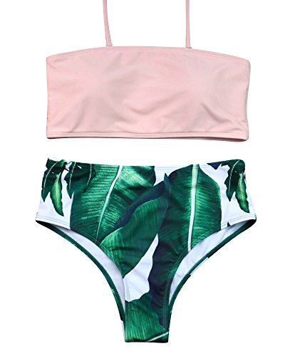 RUUHEE Women High Cut Bandeau Tropical Leaf Printed Strapless Swimsuits Bikini Set