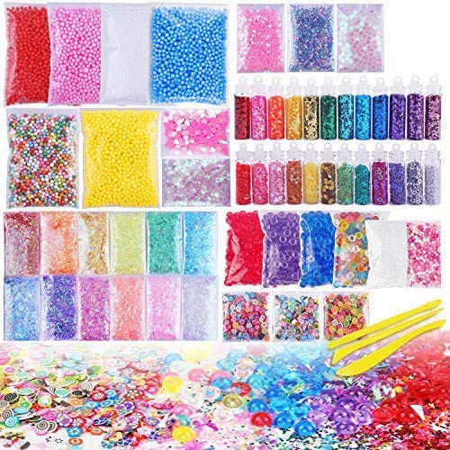Book Cover Slime Supplies Kit, 60 Pack Slime Beads Charms Include Floam Beads, Fishbowl Beads, Glitter Jars, Fruit Slices, Rainbow Pearl, Colorful Sugar Paper Accessories, Slime Tools for Slime Making DIY Craft