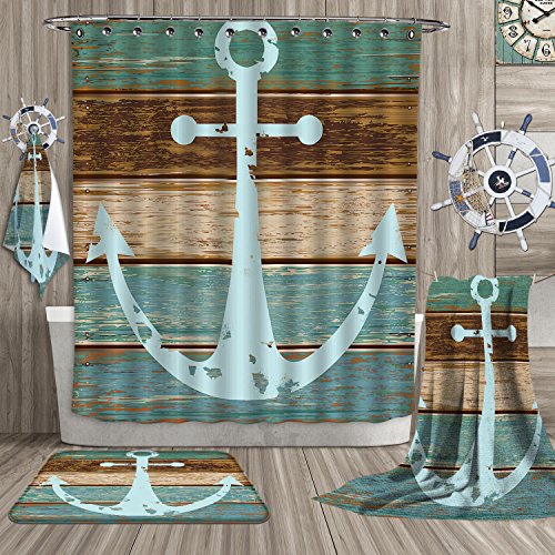 Book Cover SeptSonne Nautical Anchor Rustic Wood - Bathroom Suits/16Piece Bathroom Set/Bathroom Accessory Set - Water, Soap, and Mildew resistant - Machine Washable - Shower Hooks are Included/12Pcs