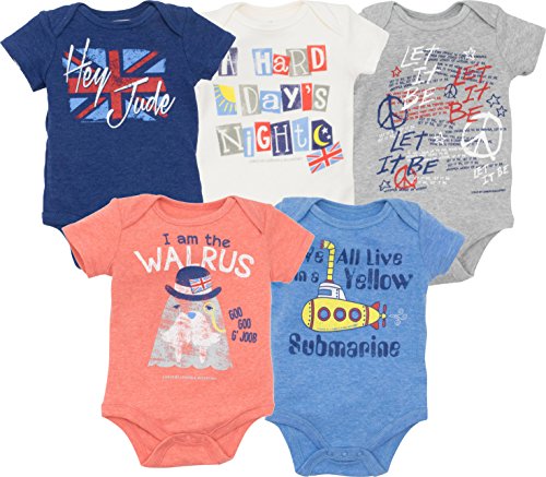 Book Cover The Beatles Lyrics Infant Baby Boys' 5 Pack Bodysuits Blue, Red, White, Navy, Grey (6-9 Months)