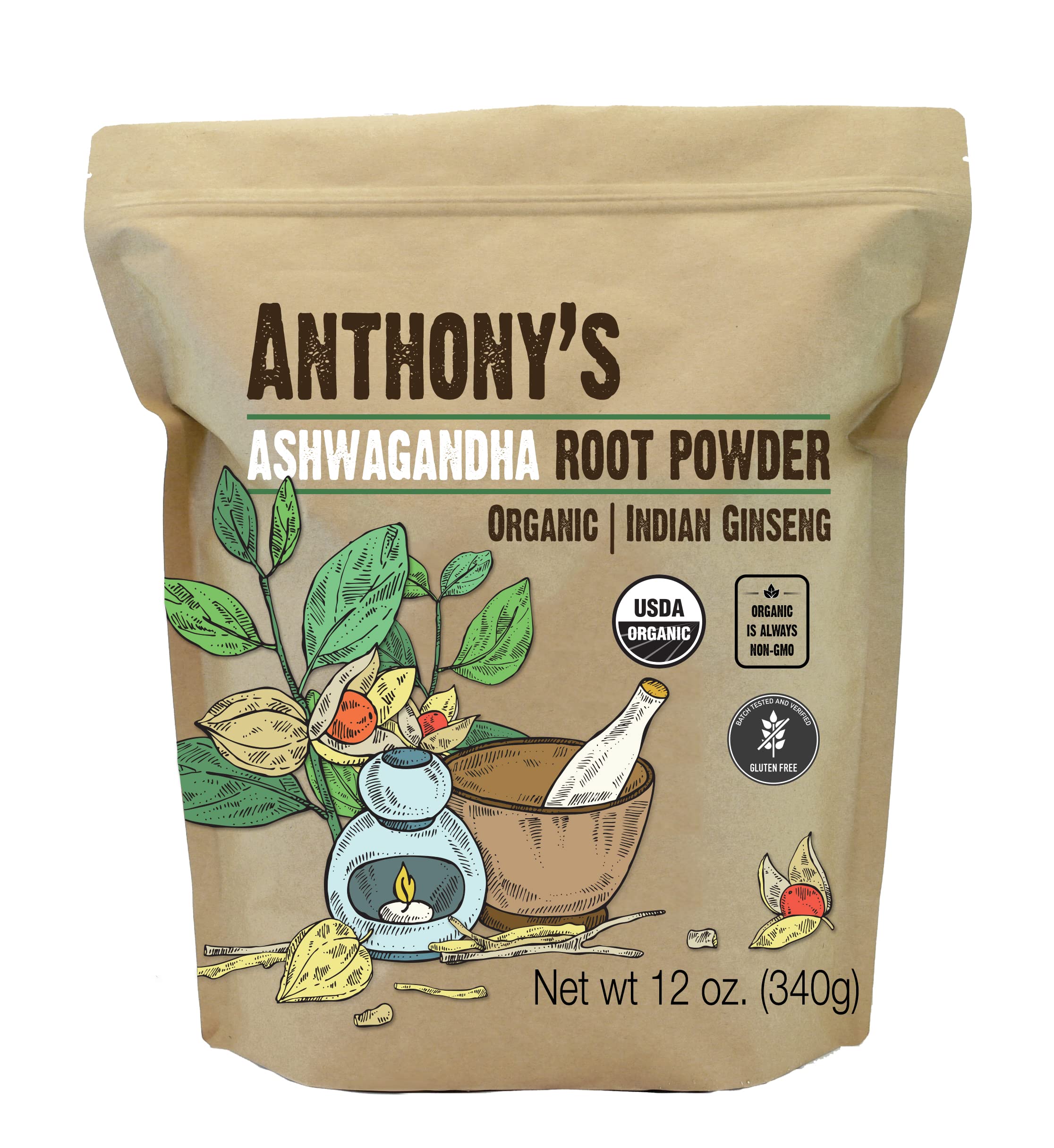 Book Cover Anthony's Organic Ashwagandha Powder, 12 oz, Batch Tested Gluten Free, Indian Ginseng, Non GMO, Keto Friendly