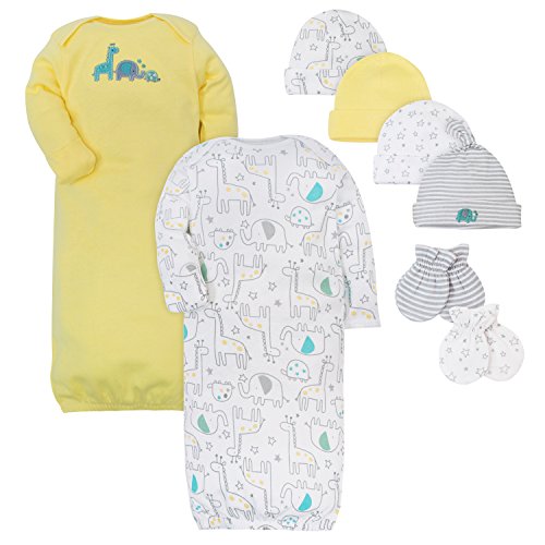 GERBER Baby 8-Piece Gown, Cap and Mitten Bundle, Little Zoo, 0-6 Months