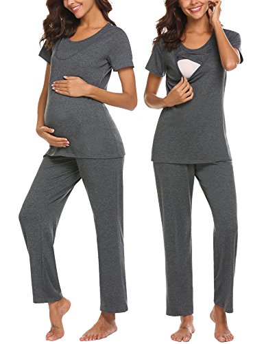 MAXMODA Nursing/Labor/Delivery Maternity Pajamas Set for Home Hospital Wear, Basic Nursing Shirts, Pregnancy Pants