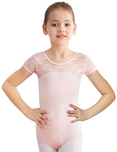 MdnMd Girls' Cap Sleeve Lace Neck Leotard with Bow Back Detail