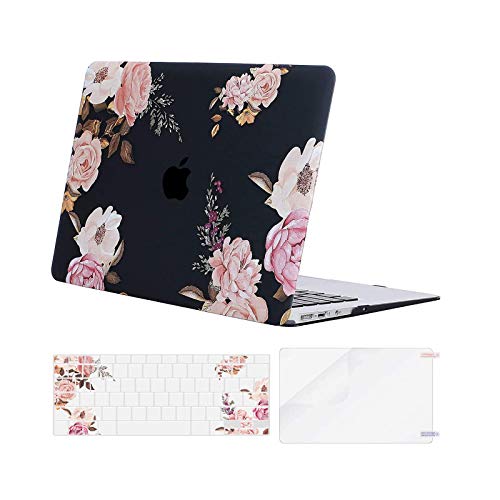 MOSISO Compatible with MacBook Air 13 inch Case (A1369 & A1466, Older Version 2010-2017 Release), Plastic Peony Hard Shell Case & Keyboard Cover & Screen Protector, Black