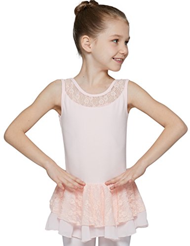 MdnMd Girls' Tank Leotard with Attached Lace Skirt