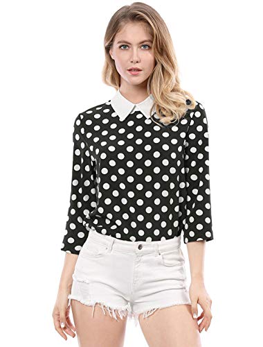 Allegra K Women's Polka Dots Contrast Peter Pan Collar Top 3/4 Sleeves Blouse Shirt