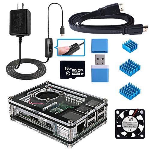 Miuzei Case for Pi 3 B+ with Fan, HDMI Cable, 16GB SD Card, 2.5A Power Supply and 3 Pcs Heatsinks