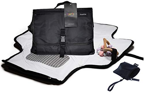 Portable Diaper Changing Pad, Cushioned Mat with Built-in Pillow, Black with Pockets, Waterproof Travel Mat, Bonus Pacifier Pouch