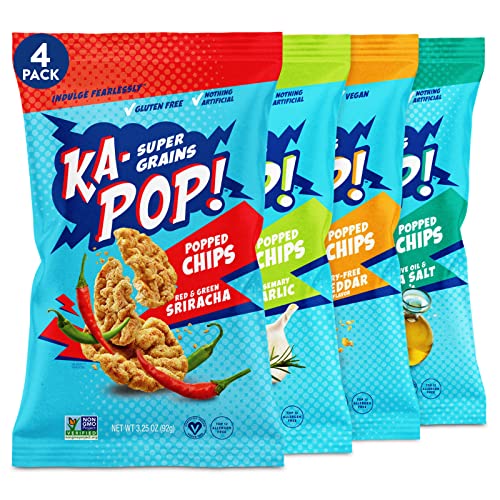 Ka-Pop! Popped Chips Variety Pack | 1 Sriracha, 1 Rosemary Garlic, 1 Vegan Cheddar, 1 Olive Oil & Sea Salt - Gluten, Corn & Dairy Free - Kosher Non-GMO Vegan Whole Grain Snacks (3 oz, 4 Pack)