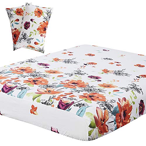 Vaulia Lightweight Microfiber Sheets, Flower Printed Pattern, Red/Orange Full Size, 3-Piece Set (1 Fitted Sheet, 2 Pillowcases)