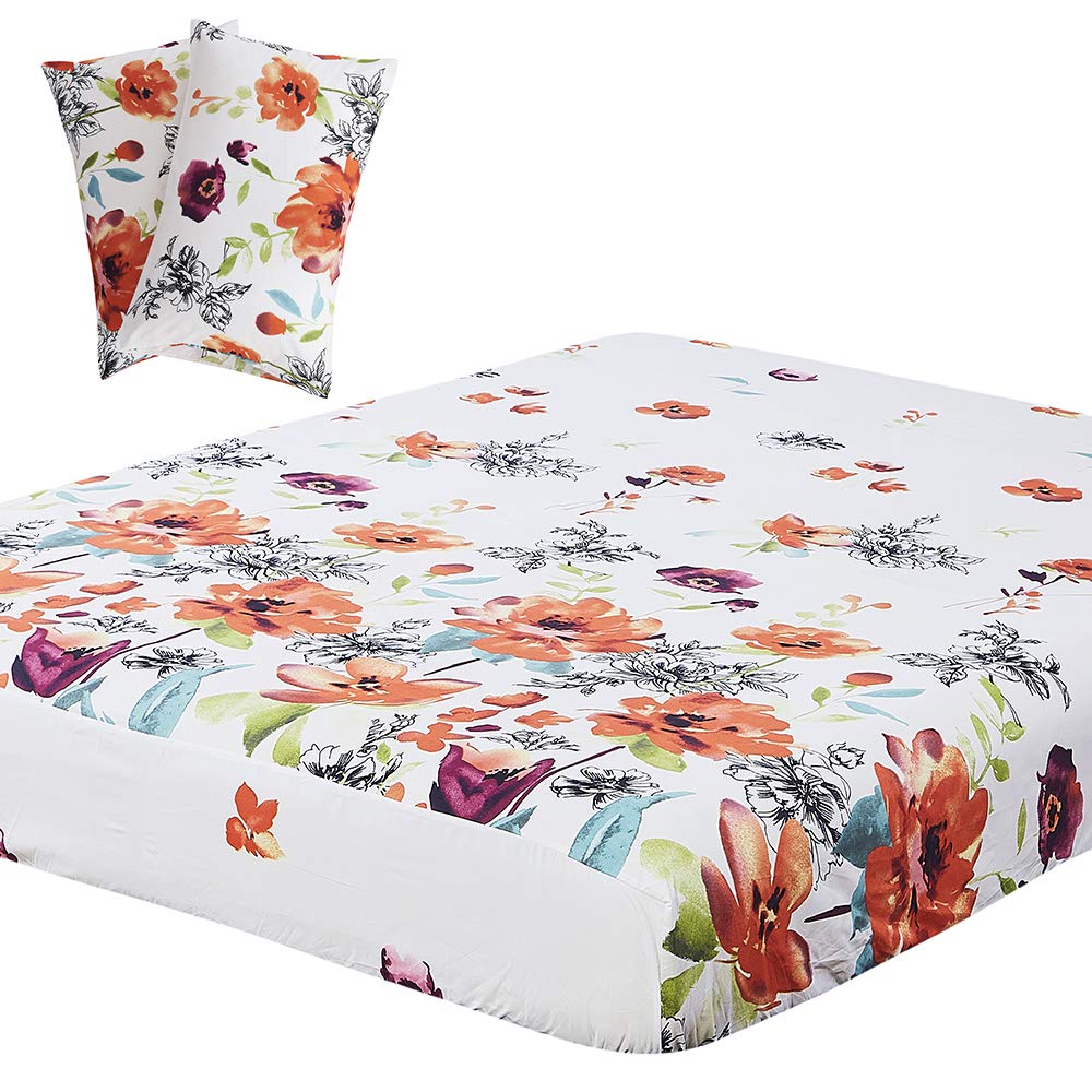 Book Cover Vaulia Lightweight Microfiber Sheets, Flower Printed Pattern, Red/Orange Queen Size, 3-Piece Set (1 Fitted Sheet, 2 Pillowcases)
