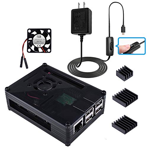 Miuzei Raspberry Pi 3B+ Case with Fan, 3pcs Heatsinks, 2.5A Power Supply with ON/Off Switch Cable Compatible with Raspberry Pi 3 Model B+(B Plus), Pi 3 Model B.