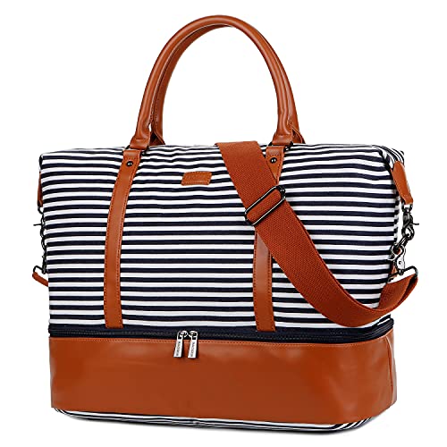 Baosha HB-28 Ladies Women Canvas Travel Weekender Bag Overnight Carry-on Duffel Tote Bag (Blue Strips with Shoe Compartment)