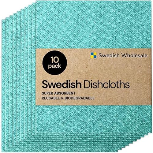 Swedish Dishcloth Cellulose Sponge Cloths - Bulk 10 Pack of Eco-Friendly No Odor Reusable Cleaning Cloths for Kitchen - Absorbent Dish Cloth Hand Towel (10 Dishcloths - Seafoam Green)