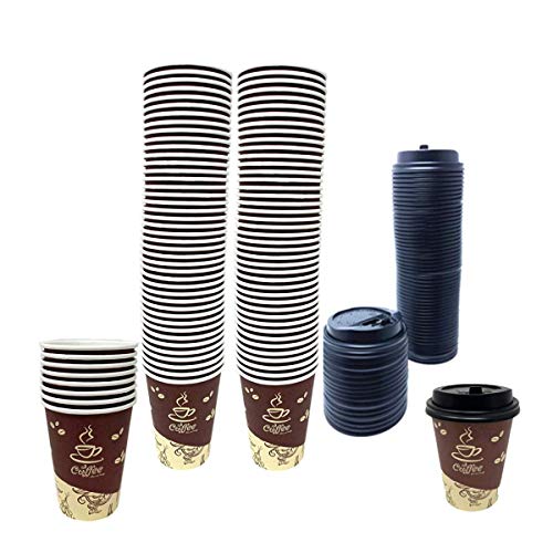 100 Pack Quality Disposable Paper Hot Coffee Cups with Lids, Perfect For Hot Drinks Tea & Coffee , Coffee Shops And Bars (8 oz, Coffee Bean Design)