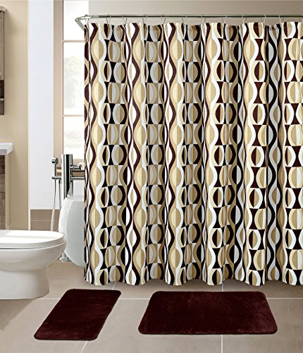 Luxury Home Collection 15 Pc Bath Rug Set Memory Foam Non-Slip Bathroom Rug Mats and Shower Curtain and Rings Hooks Solid New (Brown/Choclate)