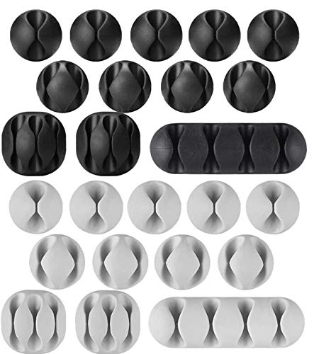 AUSTOR 24 Pieces Cable Clips Adhesive Silicone Cable Holders Desk Cable Management Clips Wire Holder for Cable, Cord and Wire, Black and Grey