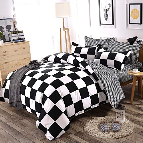 wuy Bedding Duvet Cover Set 3PCS Black White Soft Polyester Checkered Comforter Cover Set Zipper Closure Full Size, 1 Bed Quilt + 2 Pillow