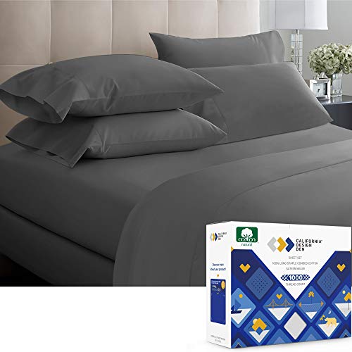 1000-Thread-Count Cal King Sheet Set - 100% Pure Cotton 4 Piece Bedding Set, Dark Grey Sateen Weave Bedsheets, Luxury Finish Dense Sheets, Deep Pocket Fits Mattress 16 Inches