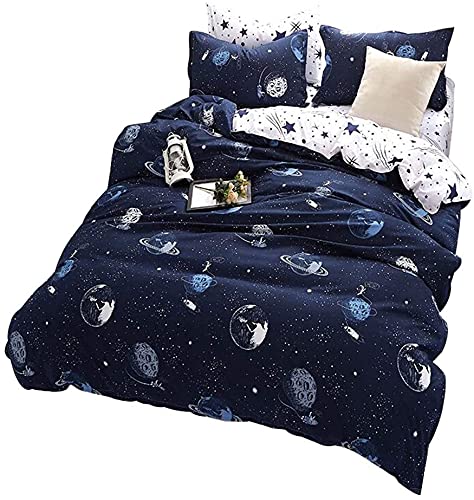 Outer Space Celestial Galaxy Duvet Cover Set, Luxury Soft Bedding Set, Space Theme Kids Quilt Cover (Blue, 1 Duvet Cover & 2 Pillowcases, Twin Size)