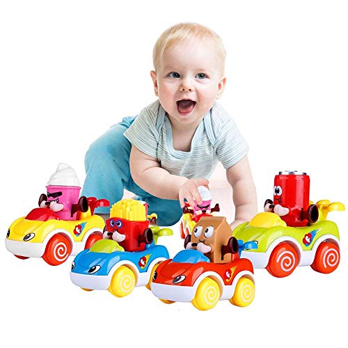 LUKAT Infants Car Toys for 1-2 Year Old Baby Boys and Girls, Friction Powered Push and Go Cartoon Toys Cars 4 Sets for Toddlers