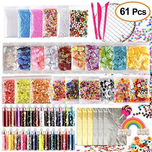 KUUQA 61 Pcs Slime Kit Y compris les perles bocal à poisson, Papier sucre, La grille, yeux mobiles, Coquille, Des tranches, Confettis, Perles mousse visqueuse, Feuille or imitation (Contenir No Slime)