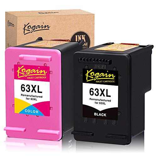 Kogain Remanufactured for HP 63 63XL Ink Cartridges, 1 Black + 1 Tri-Color, High Yield Work with HP Envy 4512 4516 4520 4522, HP DeskJet 1112 2130 3633 3634, HP OfficeJet 3830 3831 3832 4650 Printer
