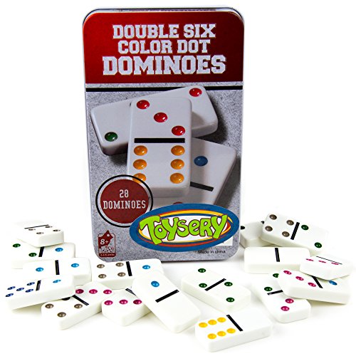 Book Cover Toysery Double 6 Color Dot Dominoes Game Set - White Dominoes 28 Piece Set Toy in Tin Case - Six Dot Dominoes Match & Educational Game