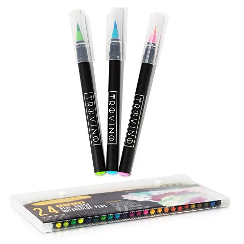 Trovino Real Brush Pens, 24 Paint Markers with Flexible Brush Tips + Bonus Water Brush, Professional Watercolor Pens for Painting, Drawing, Coloring & More, 100% Nontoxic, 24 Vivid Colors