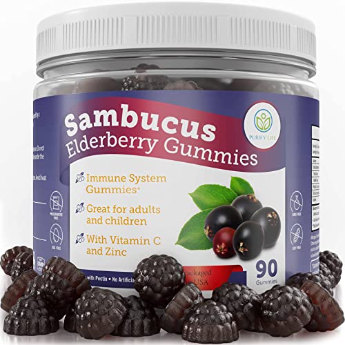 Elderberry Gummies for Kids and Adults - 260mg Sambucus Zinc and Vitamin C (90 Gummies) Immune System Support - Allergy Cold Support - Chewable Supplement - No Capsules, Pills, Tablets or Syrup