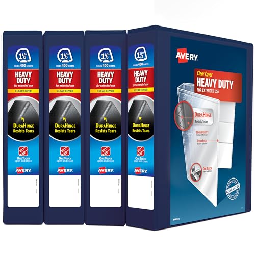 Avery Heavy Duty View 3 Ring Binder, 1.5" One Touch Slant Ring, Holds 8.5" x 11" Paper, 4 Navy Blue Binders (79871)