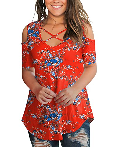 SMALNNIE Women's Criss Cross Cold Shoulder V Neck Short Sleeve Summer T Shirts