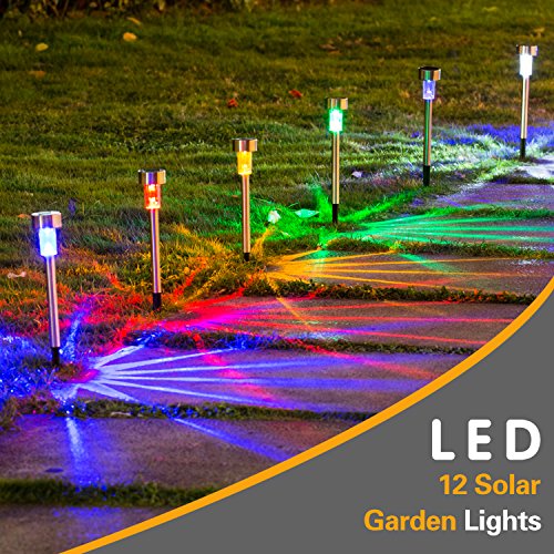 Wellgium Solar Lights Outdoor, Solar Lights Garden Lights Landscape Lighting Pathway Lights for Lawn Patio Stainless Steel-12 Pack(6 Colors)