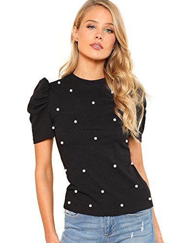 Romwe Women's Elegant Pearl Embellished Puff Short Sleeve Embroidered Blouse Tops