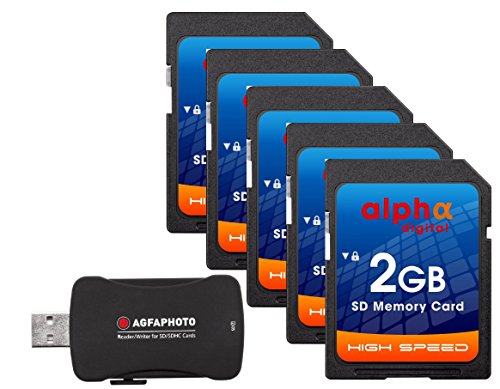 Book Cover Alpha Digital 5x Memory Card for Nikon D50 D40 D40X D3300 | 2GB Secure Digital (SD) Memory Cards Plus Agfa Card Reader (5 Pack)