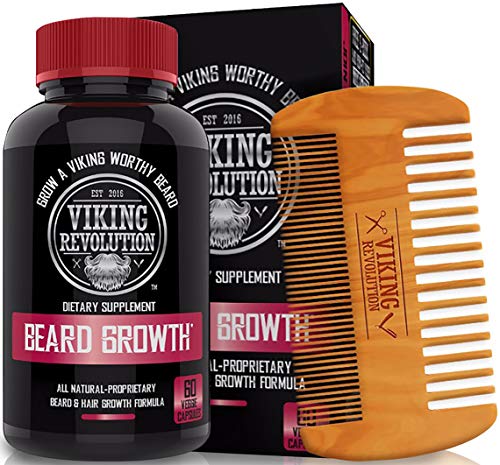 Viking Revolution Menâ€™s Beard Growth Vitamin Supplement Tablets - Potent Pills for Maximum Facial Hair Growth for Men - Includes Beard Comb