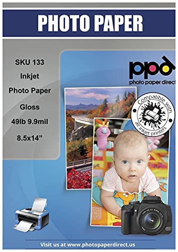 PPD Inkjet Glossy Photo Paper Legal 8.5x14" 49lb. 180gsm 9.9mil x 50 Sheets (PPD133-50)