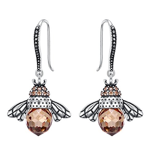 EleQueen 925 Sterling Silver Vintage Inspired Brown Crystals Queen Bee Earrings Jewelry For Women