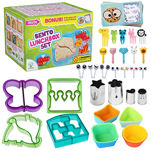 Book Cover Complete Bento Lunch Box Supplies and Accessories For Kids - Sandwich Cutter and Bread Crust Remover - Mini Vegetable Fruit cookie cutters - Silicone Cup Dividers - Food Picks and FREE Lunch Notes