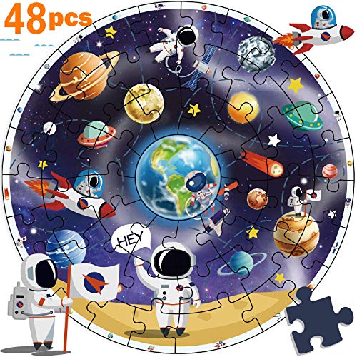 Book Cover iPlay, iLearn Wooden Solar System Jigsaw Puzzles, Circular Floor Puzzle, Planets Learning Toy, Large Space Ships. Educational Children Gifts for 2 3 4 5 6 7 Year Olds Kids, Boys, Girls, Toddlers