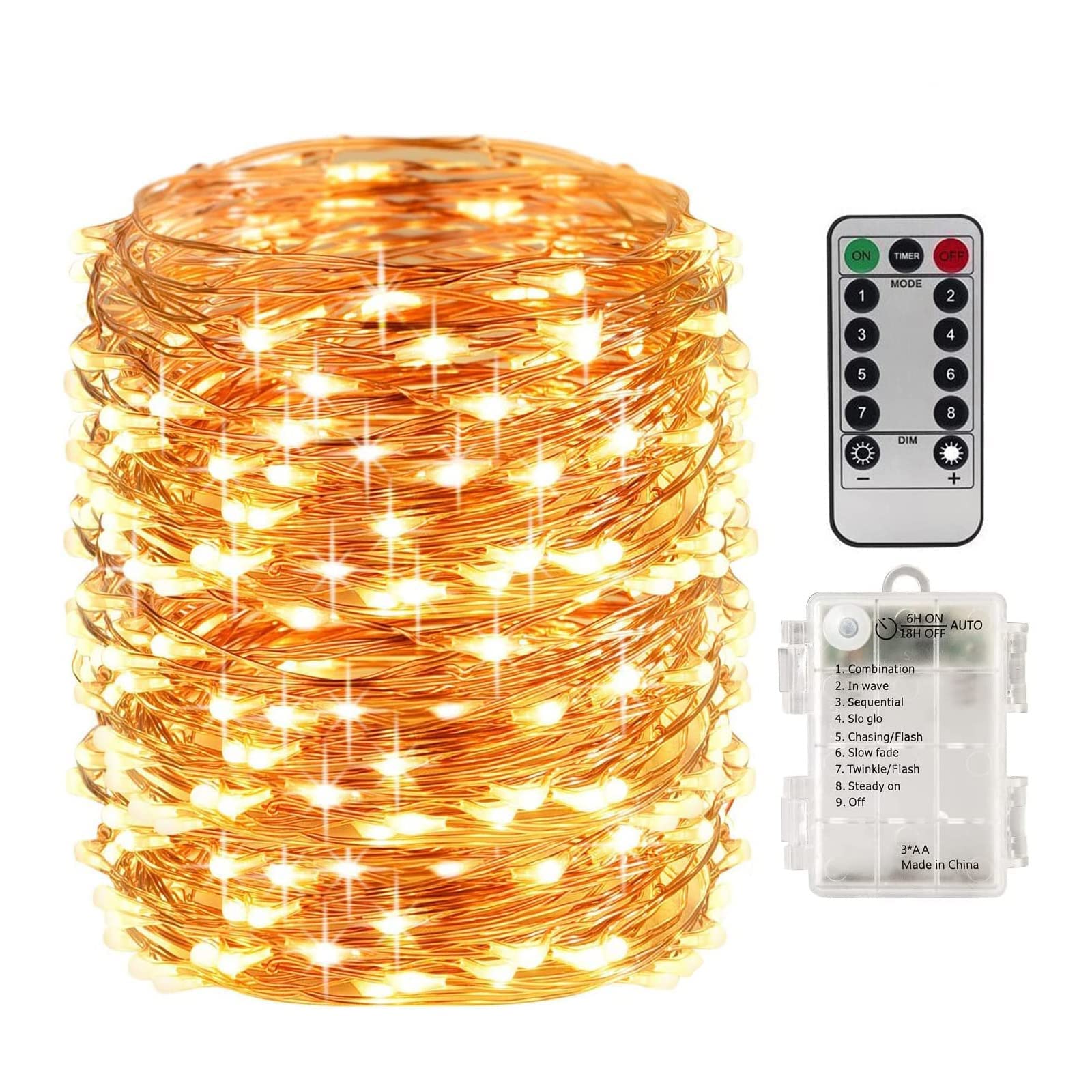 LightsEtc 200 Led String Lights Fairy Lights Battery Operated Waterproof Fairy String Lights with Remote Control Timer 8 Modes 66ft Copper Wire Christmas Lights Christmas Decor Warm White
