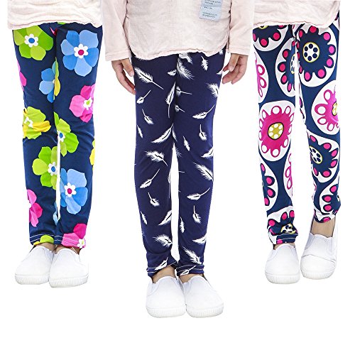 slaixiu 3-Pack Printing Flower Girl Leggings Kids Classic Pants 4-13Y
