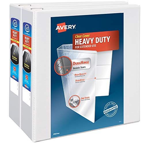 Avery 4" Heavy Duty View 3 Ring Binder, One Touch Slant Ring, Holds 8.5" x 11" Paper, 2 White Binders (79875)