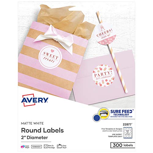 Avery Printable Round Labels with Sure Feed Technology, 2" Diameter, Matte White, Laser & Inkjet Compatible, 300 Blank Labels Total, Great for Branding, Packaging, Events, and More (22877)