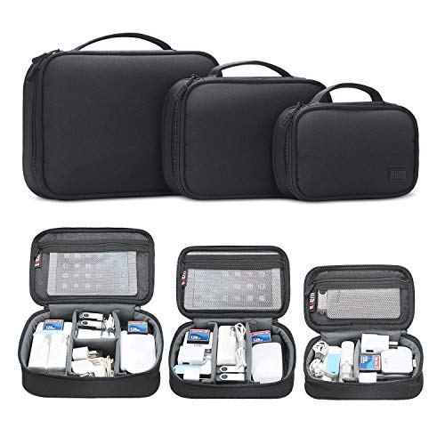 BUBM Cable Organizer Bag 3pcs Electronics Travel Organizer for Hard Drives, Cables, Phone, USB, SD Card（2 Year Warranty (Black, L)