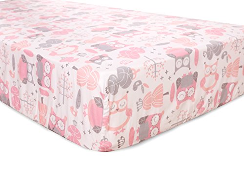 Levtex Baby - Night Owl Pink Crib Fitted Sheet - Fits Standard Crib and Toddler Mattress - Tossed Owls and Trees - Pink, Grey, White - Nursery Accessories - 100% Cotton